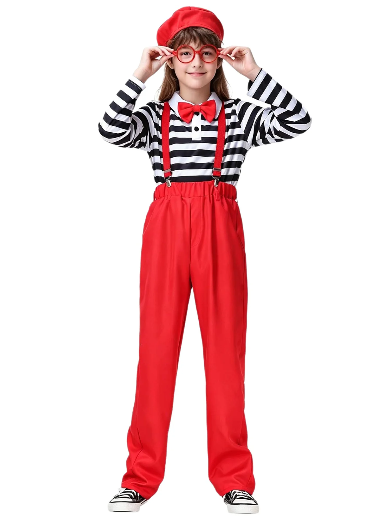 

Boys Girls Stage Costume Long Sleeve Striped T-shirt Suspenders Pants with Bow Tie Beret Hat and Glasses Frame Drama Clothing