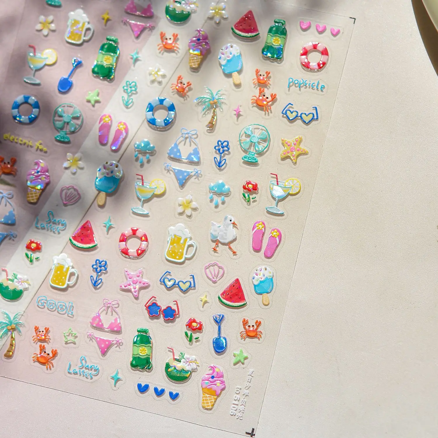 Beach Shell Swim Ring Bikini Watermelon Cat Ice Cream Crab Sunglass Coconut Tree Flowers Fruits Summer Nail Art Stickers Decals