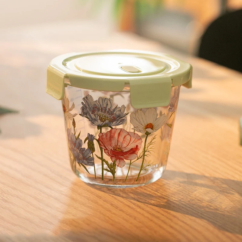 Food Storage Box French Vintage Flowers Heat-resistant Fresh-keeping Sealed Box Picnic Bento Fruit Round Glass Bowl with Lid