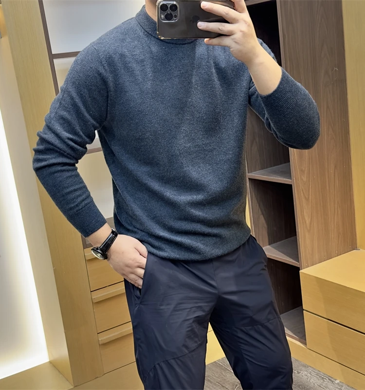 Luxury Italian Style 100% Wool Men's Knitwear  Color round Neck Sweater Fashionable Basic Versatile Autumn Winter Top