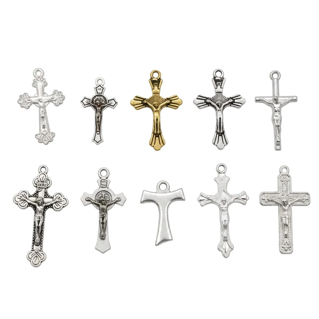 10Pcs Catholic Crucifix Cross Pendants St Benedict Tau Cross Charms for DIY Rosary Jewelry, Single Style Per Pack