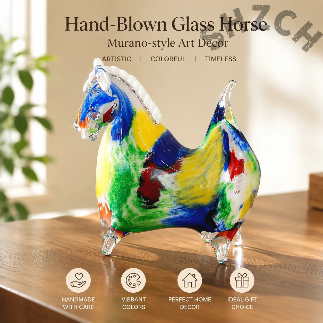Escultura de Caballo en Vidrio Esmaltado de Colores, Artesanía Creativa en Vidrio, Estatua de Caballo Esmaltada Colorida, Obras