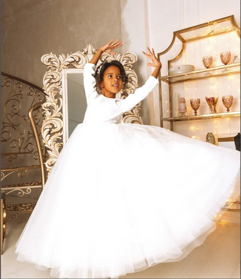 Robe Simple de Première Communion à Manches sulfen Satin et Tulle, Tenue de Soirée à Fleurs Blanches, avec Nministériels d Long, pour Mariage et Anniversaire