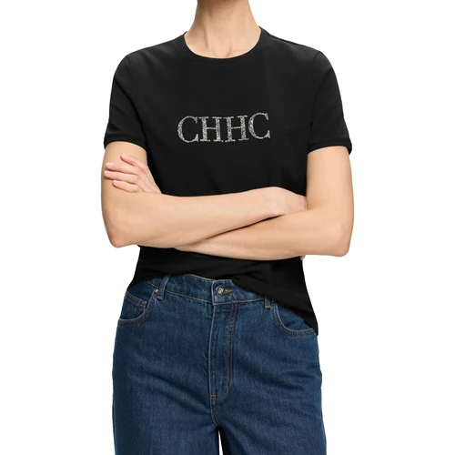 CHCH-Camiseta elegante de verano para mujer, Camiseta informal de algodón puro con cuello redondo, Tops de manga corta versátiles con letras y diamantes a la moda para mujer