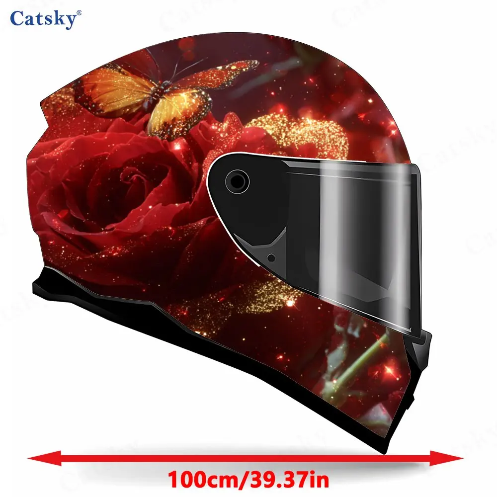 Fiery Roses and Gilded Butterfly Wings Helmet Vinyl Wraps, Waterproof Scratch-Resistant Full Face Helmet Decals, Durable PVC Dec