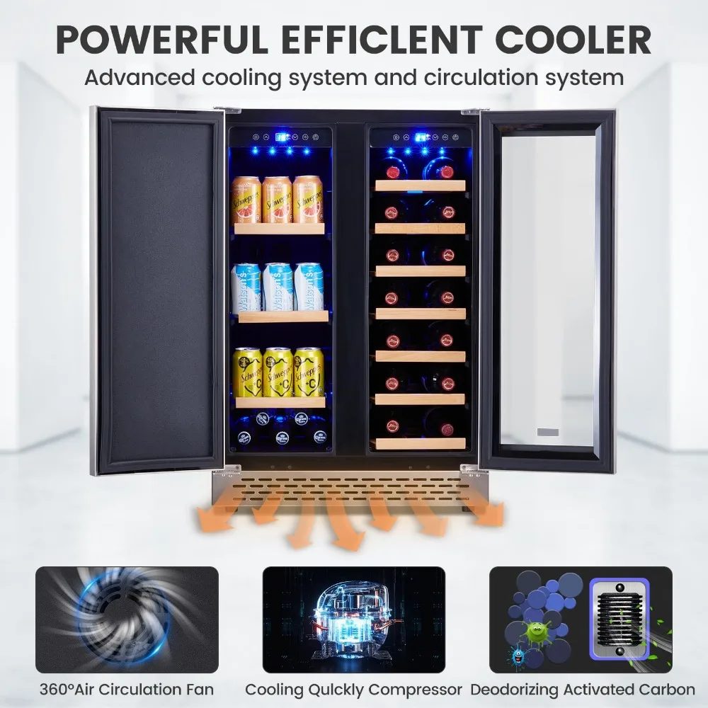 Dual-Zone Controle de Temperatura Digital Wine Fridge, portas de vidro, iluminação interior, detém 18 garrafas e 57 latas, 24"