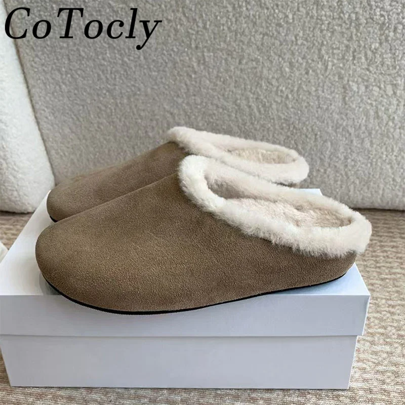 

Classic Cow Suede Slippers Women Round Toe Wool Warm Flat Slides Woman Outdoors Comfort Thick Sole Winter Slippers Woman