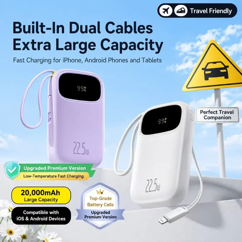 2027 New 20000mAh Power Bank 22.5W Fast Charging Built In Retractable Cable USB C Lightning for iPhone Xiaomi Poco