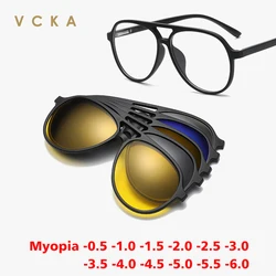 VCKA 6 In1 Pilot Polarized Myopia Sunglasses Magnetic Clip Men Women Glasses Optical Prescription Classic Eyewear -0.5 to -10.0