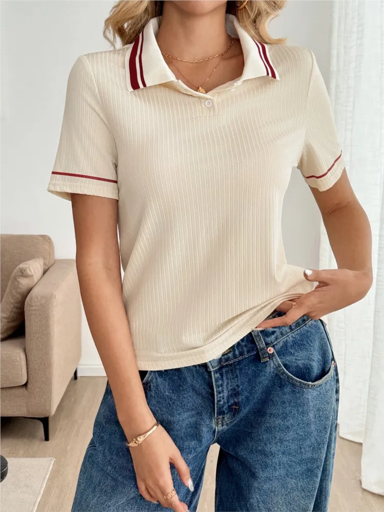 Frühling Sommer Einfachen Stil Casual Pendler frauen POLO-Shirt Modische Farbe Block Gestrickte Kurzen ärmeln Lose T-shirt Top