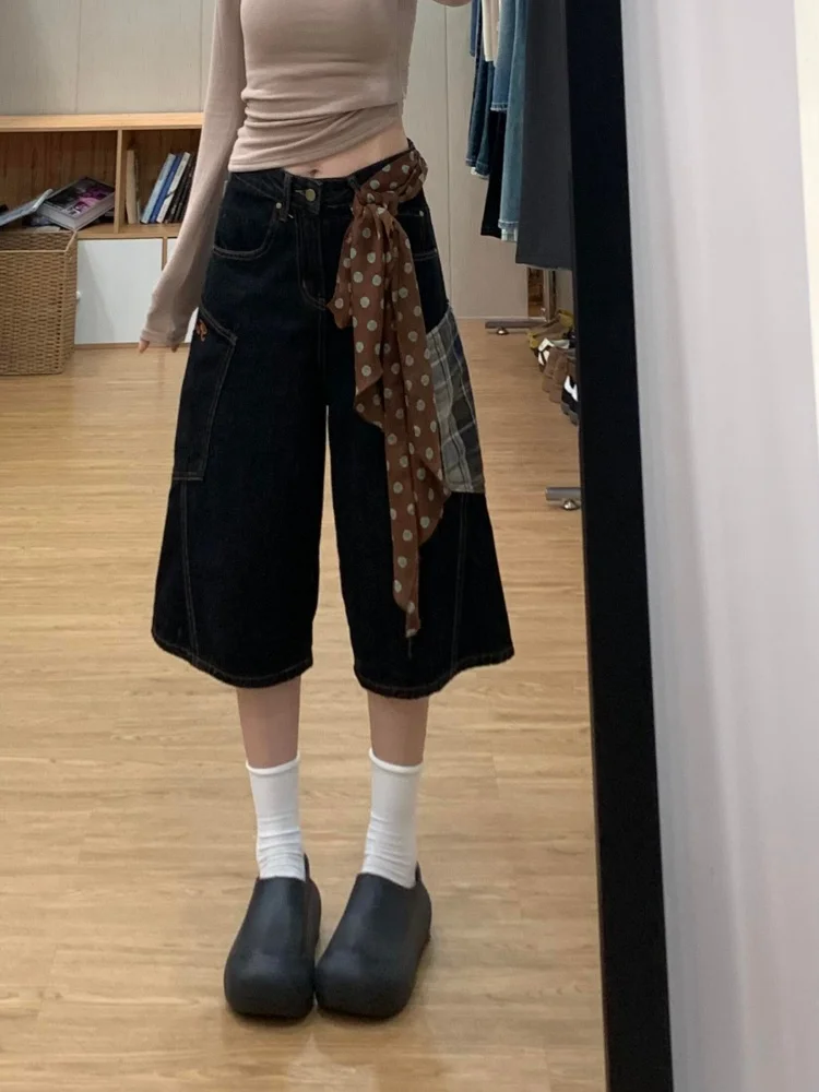 

American Retro Denim Seven-Foot Pants Women's Summer Thin Design Loose High Waist Straight Leg Wide Leg Shorts Casual Wear