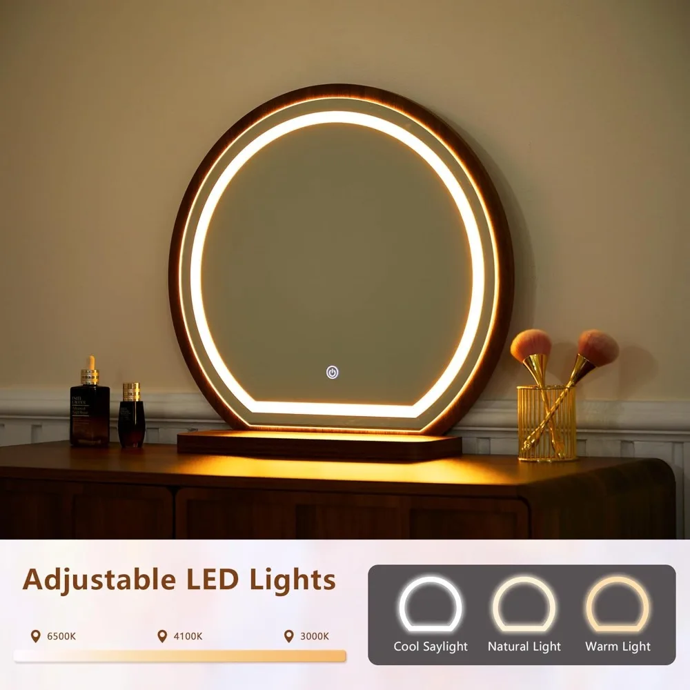 مكتب الغرور المموج الخشبي المعاصر مع مرآة وإضاءة، وطاولة مكياج كاملة مع أدراج تخزين وخزانة لـ Dressi