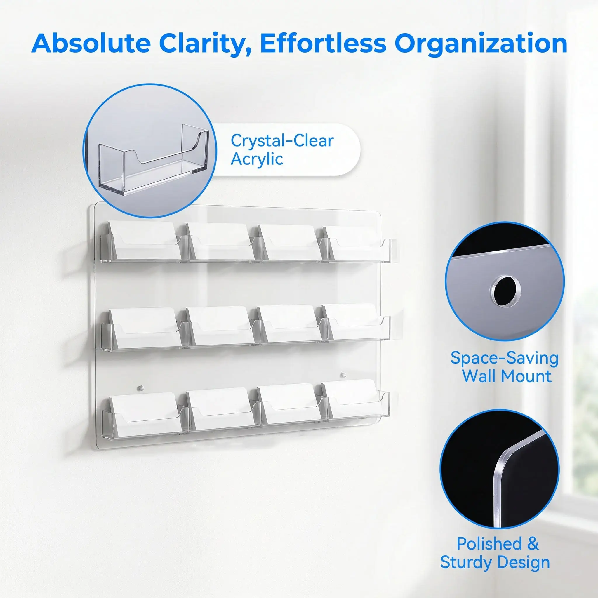 Wall Mount Acrylic Business Card Holder 12-Grid Clear Display Rack Multi Pocket Organizer for Reception