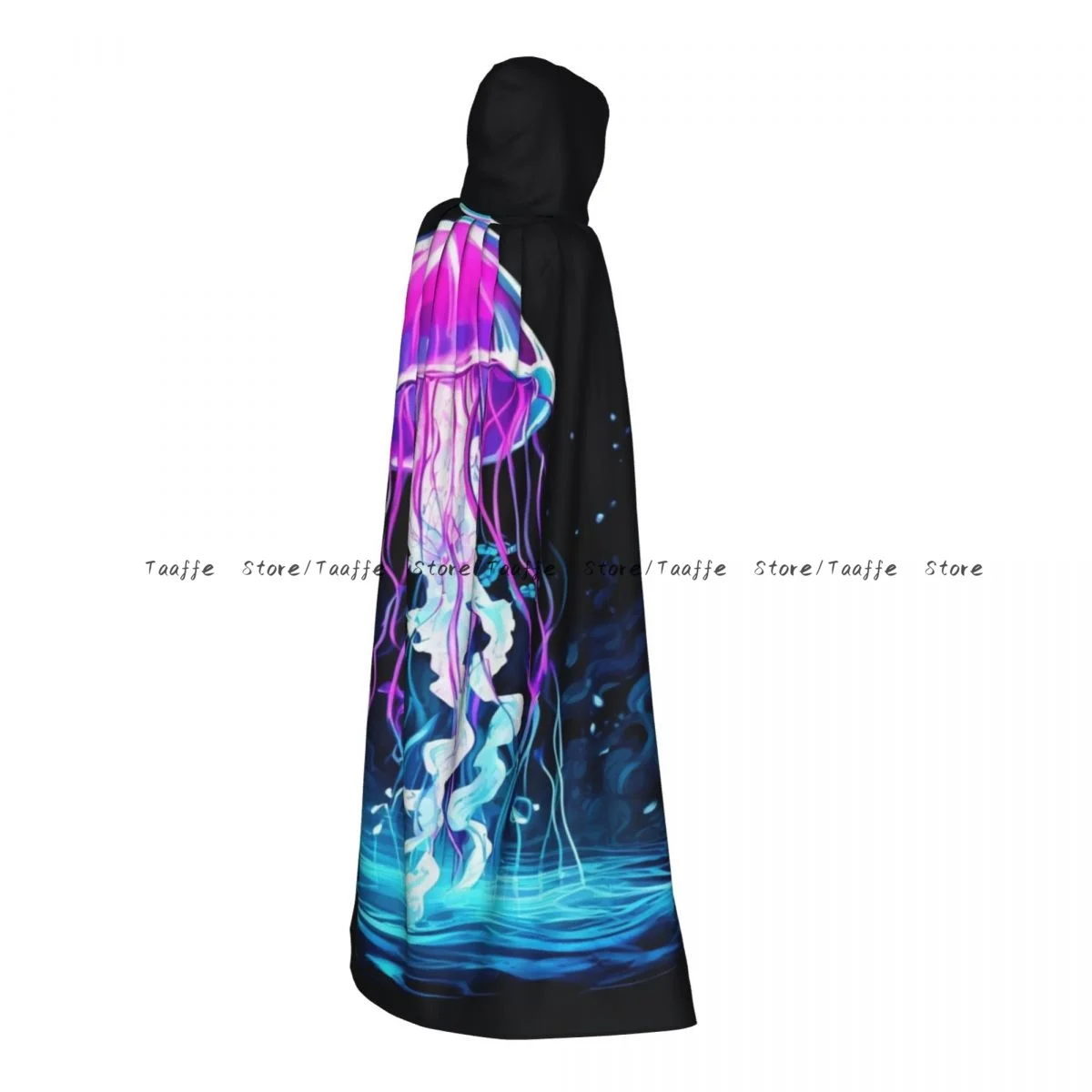 Adult Jellyfish Print Cloak Cape Hooded Medieval Costume Witch Wicca Vampire Halloween Costume Dress Coat