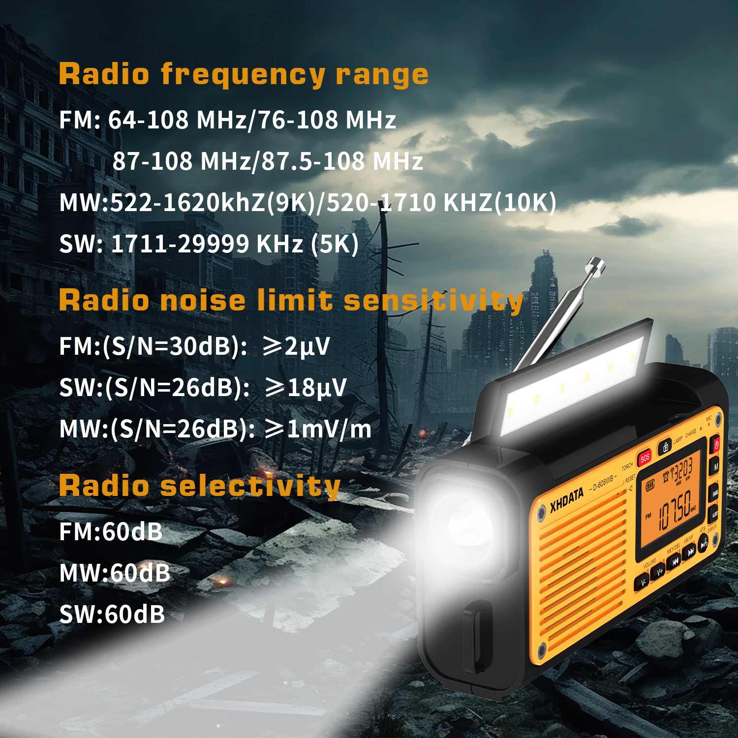 XHDATA D-608WB FM/AM/SW/NOAA Alarm Portable Crank Radio Multifunction Emergency Weather Radio Bluetooth Rechargeable Receiver