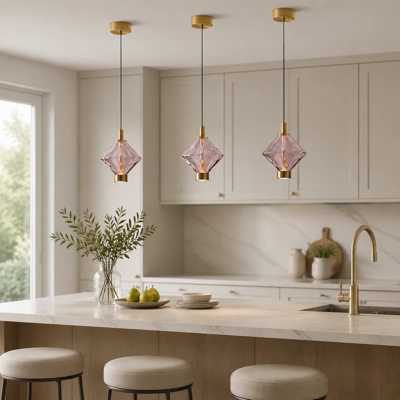 Modern Art Deco Colored Glass Diamond Shape LED Hanging Fixture For Dining Room Kitchen Island Bedside Bedroom Pendant Lamp