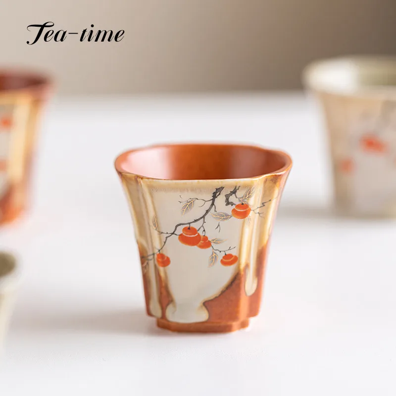 

Hand Painted Persimmon Tea Cup Imitation Firewood Burnt Cups Ceramic Porcelain Cup for Tea Square High Foot Cup Teacups Unusual