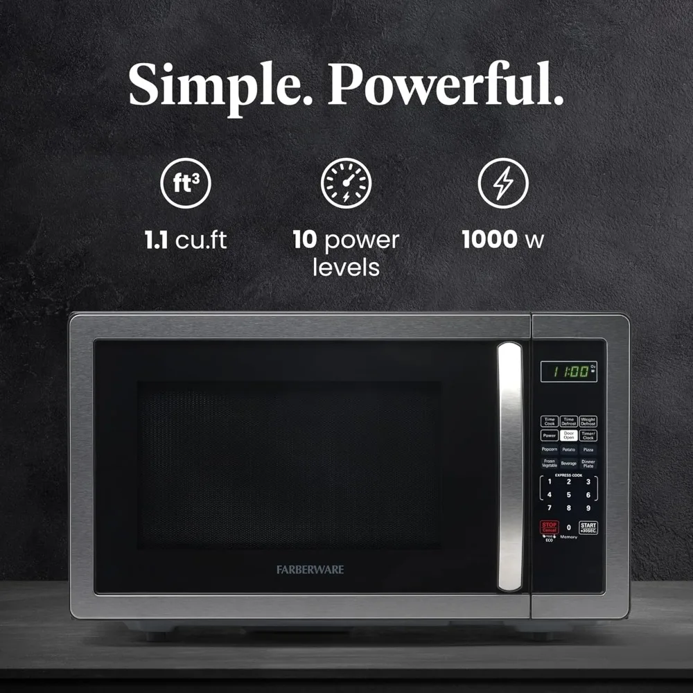 Farberware 1.1 Cu. Ft. Countertop Microwave Oven 1000 Watts Power, Auto Cook Settings Defrost Easy Clean and Child Safety Lock