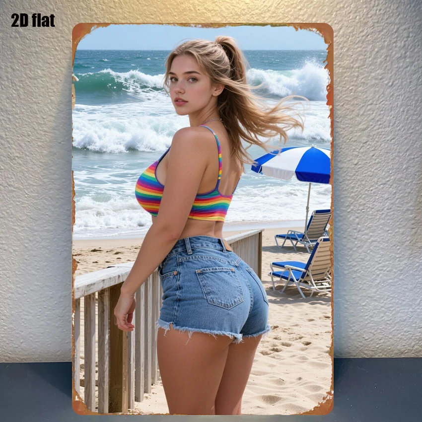 1pc Sign Beach Scene: Rainbow Swimsuit and Beach Umbrella. Suitable for Room Decor, Home, Garage, Bar, Garden Bar, Birthday Gift