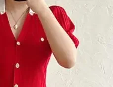 

Woman Red V Neck Dress Metal Button Letter Knit Hollow out Elegant Party Fashion Dress for Women