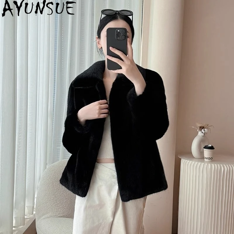 AYUNSUE abrigos de piel de visón Natural para mujer abrigo de piel negra 2025 Otoño Invierno abrigo mujer ropa de oficina ropa de mujer Pelzmantel Damen