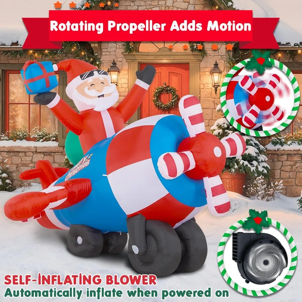 عيد الميلاد نفخ سانتا كلوز على طائرة هليكوبتر مع المروحة الدوارة في الهواء الطلق ديكورات للباحة