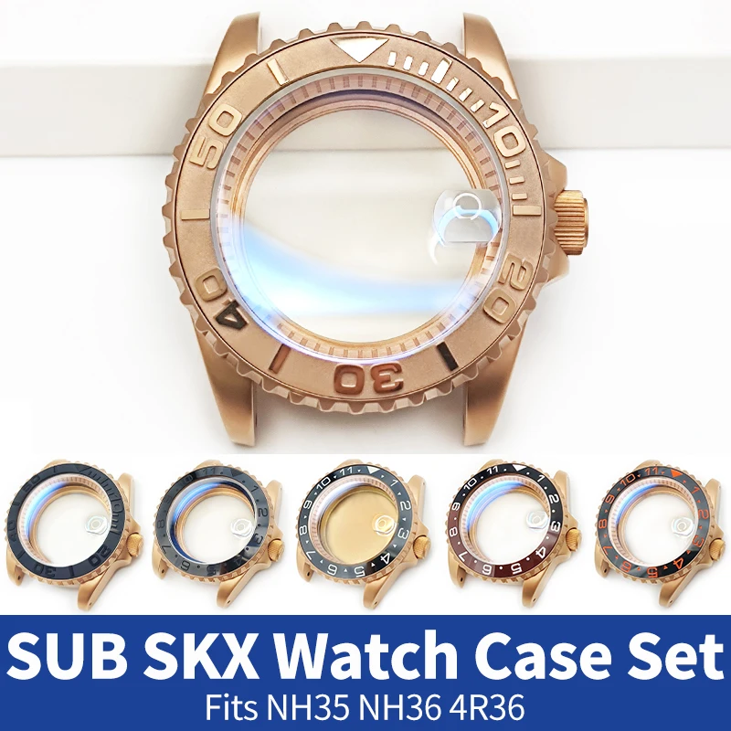 SUB Matte Rose Gold Watch Case Set Fits NH35 NH36 4R36 NH72 Stainless Watches Cases With Sapphire Movement Accessories MOD Parts