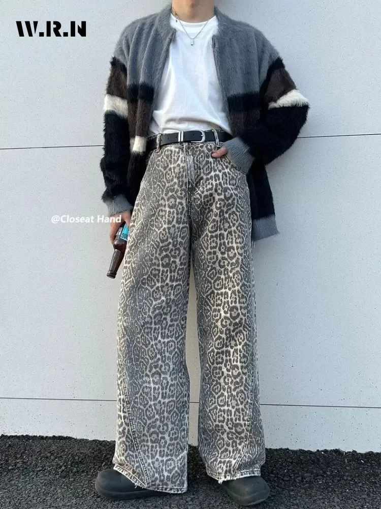 

Women's American Vintage Leopard Print Washed Thin Jeans Street Casual Neutral Style DenimTrousers High Waist Straight Pants