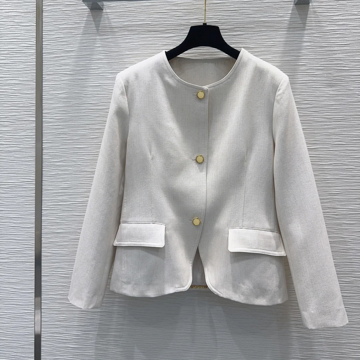 High Quality Women Round Neck Gold Button Short Jacket Set, High Waist Pleated Wide Leg Pants 2 Piece Outfit lyt26101236