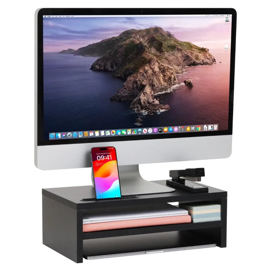 

Monitor Stand with Phone Slot and Storage Shelf Desktop Riser 88 lb Capacity MDF Wood Black