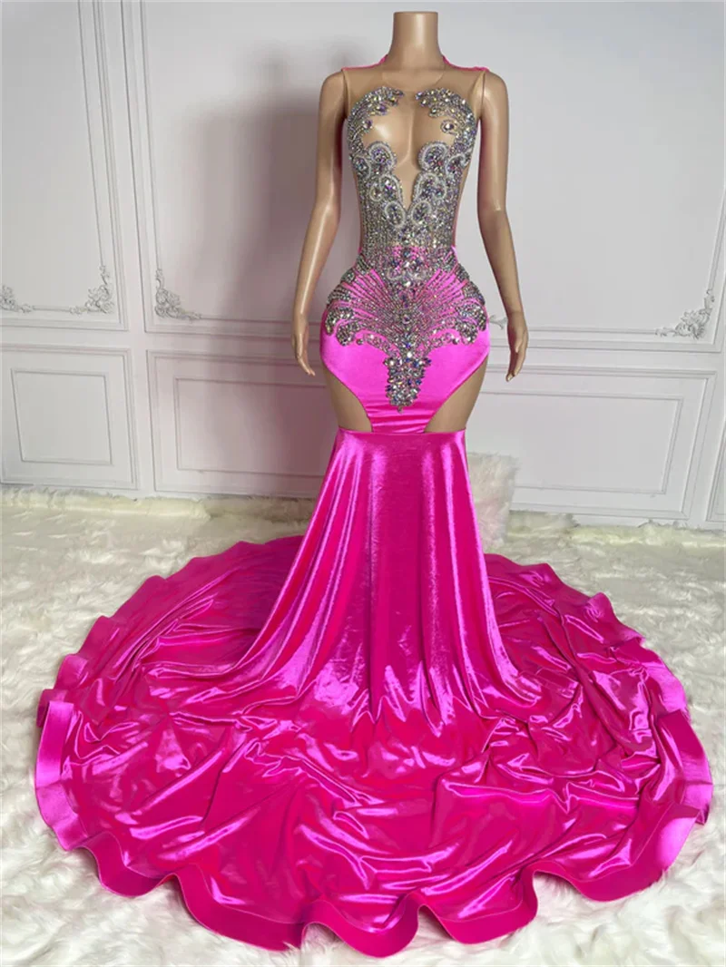 Customize 14 Colors Mermaid Hollow Out Shiny Satin Sexy Evening Crystal Rhinestone Prom Gown Beaded Diamond Prom Party Dress