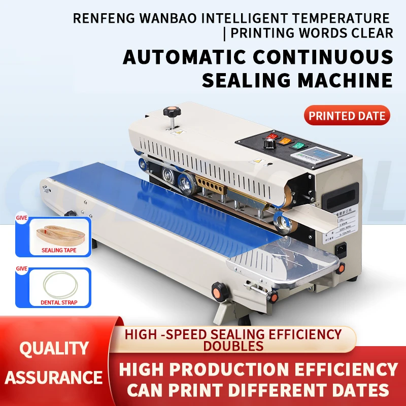 Selador De Vácuo De Filme De Saco Auto FR900 Contínuo Máquina De Selagem De Banda Inteligente Máquina De Embalagem De Controle De Temperatura Datas De Impressão Filme comercial folha de alumínio saco plástico de alimen