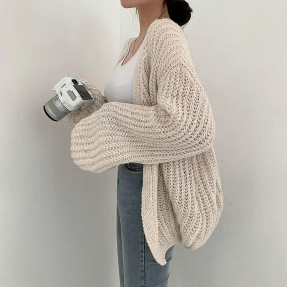 

Versatile Cardigan Stylish Women's V-neck Sweater Coat with Lantern Sleeves Casual Knitwear for Daily Wear Solid Color Wool Knit