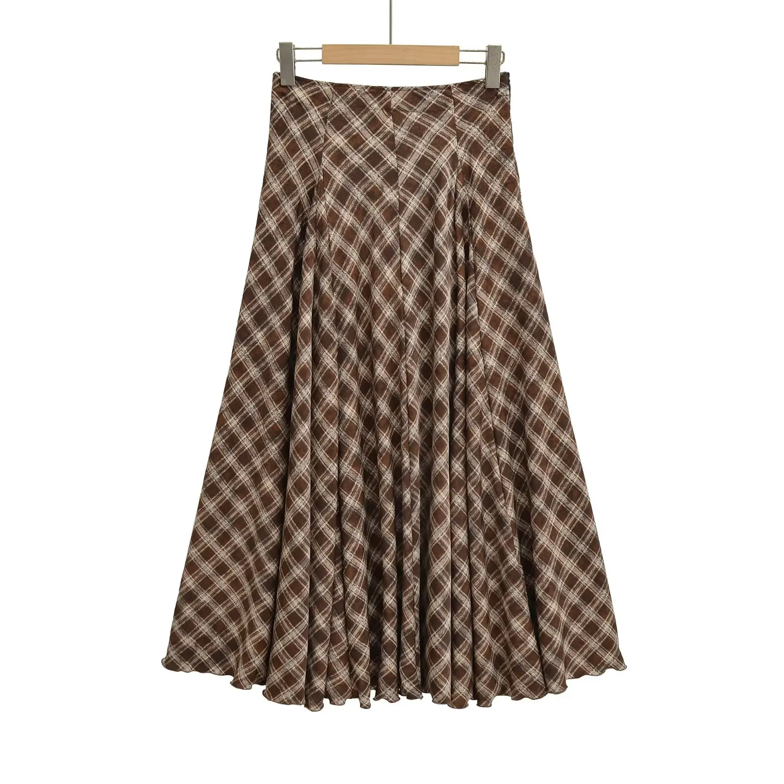 Hohe Taille, A-Linie, karierter Rock für Damen, Herbst und Winter, lässig, mit Verkleidung, schlankmachender langer Rock, drapiert, braun