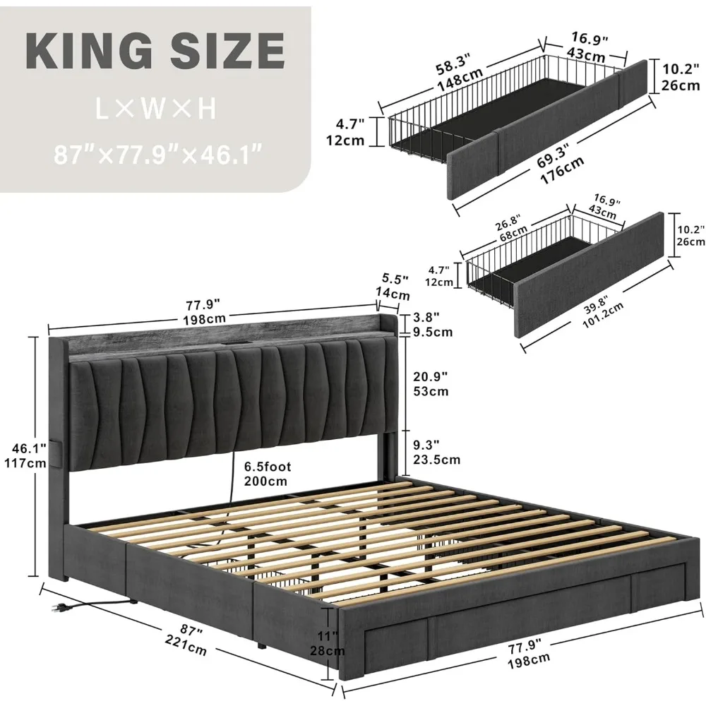 King Size Bed Frame with Storage Headboard and Charging Station, Upholstered Platform Bed with 3 Drawers, No Box Spring Needed image 2
