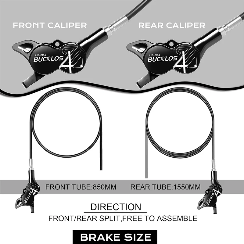 BUCKLOS Bicycle 4 Piston Hydraulic Disc Brake Set 850/1550mm Oil Pressure Brakes Front Rear Mountain Bike E-Bike Hydraulic Brake