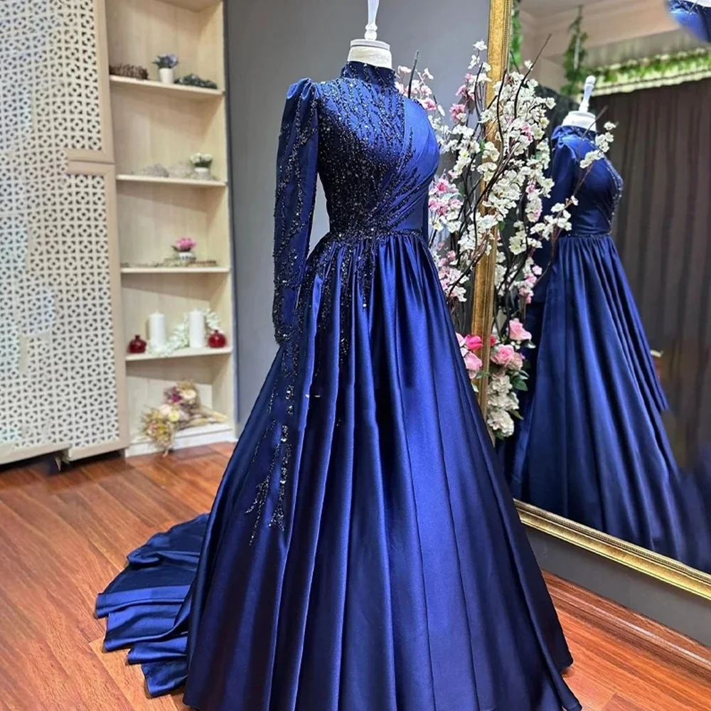 

New Dark Blue Saudi Arab Luxury Evening Dress Muslim Dubai Islam High Neck Sequin Beads Long Sleeves A-Line Weding Party Dress