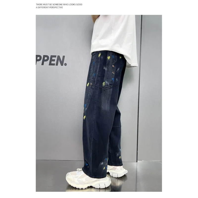 High-end personalized dyeing hand-painted graffiti men's jeans Korean version of the influx of men loose straight men's pants