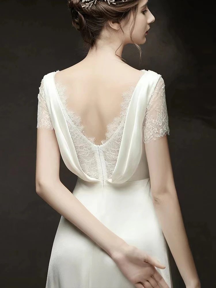 15426# Real Photos Simple Low Back V-neck Appliques Lace Soft Satin Sheath Wedding Dress Bridal Gown Evening Dress For Women