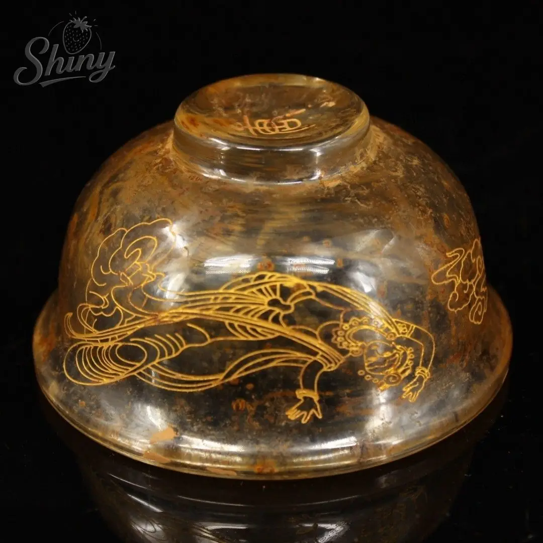 Antique ChinaTang Dynasty Old Crystal Hand Carved Feitian Lady Offering Water Bowl Home Decor