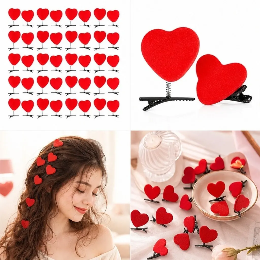 40Pcs Heart Hair Clip Red Valentine Hairpin Barrettes for Women Romantic Sweet Outfit Accessory Lightweight Comfortable