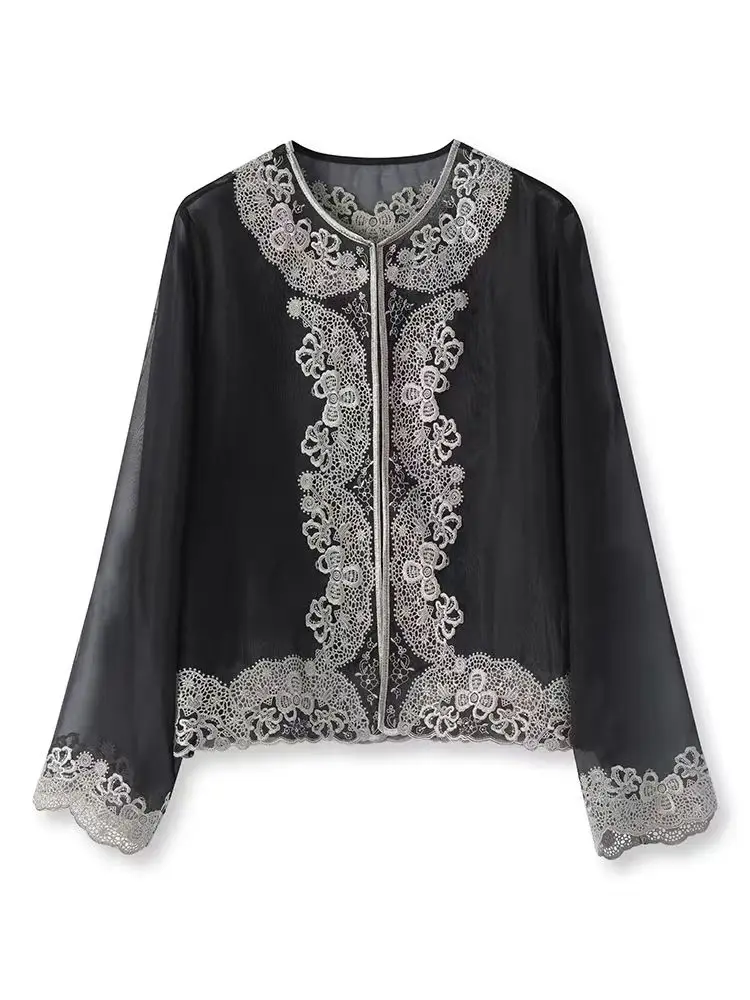 

High End Summer New O-Neck Silk Organza Fabric Palace Embroidery Hidden Button Retro Elegant Women's Jacket S-XL