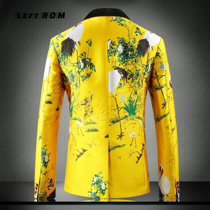 Yellow Suit Jacket Luxury Men Print Blazer Slim Fit Floral Men Stage Clothing Blazer Pattern Stylish Party Wedding Banquet