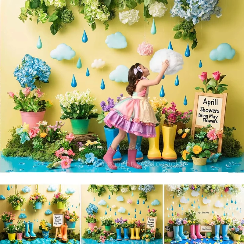 

Flower Room Background Photography Raindrop Potted Plant Boot Flower Cloud Backdrop Kid Birthday Cake Smash Photo Studio Props