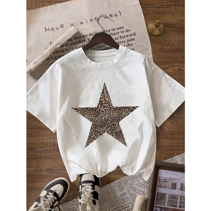 ليوبارد طباعة ونجمة طباعة الجولة الرقبة قصيرة الأكمام المرأة تي شيرت غير رسمي موضة الاتجاه Harajuku المرأة تي شيرت #1