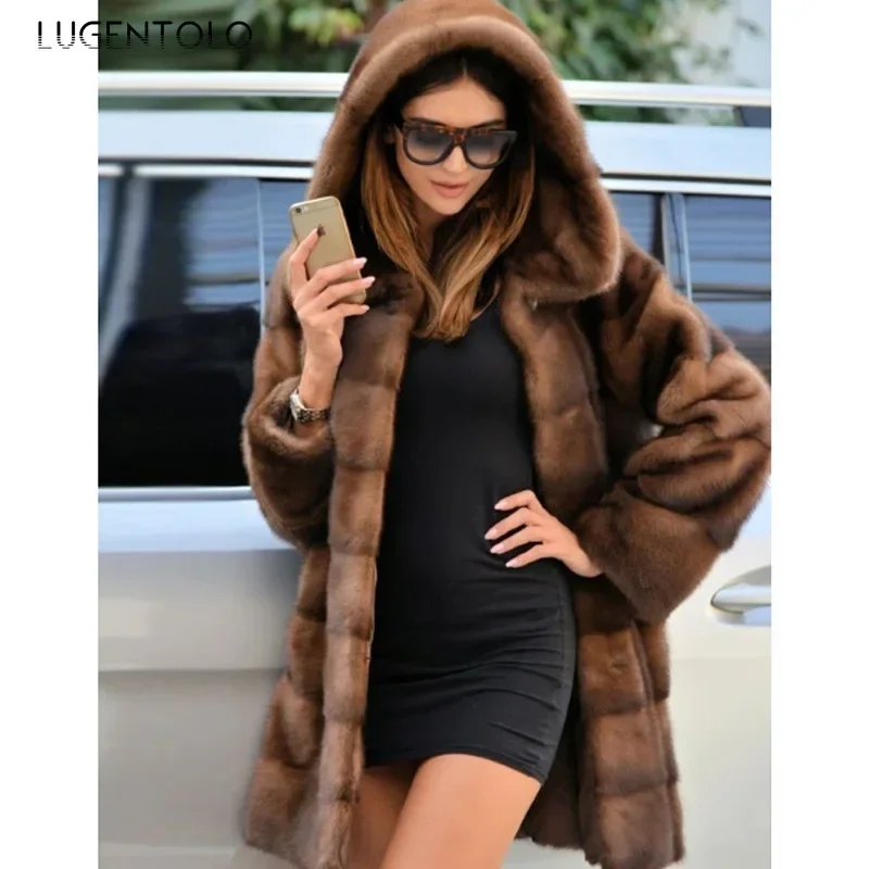 Faux Fur Wam Coat Hooded Loose New Autumn Winter Cardigan Elegant Lady Pocket Fashion Quality Street Casual Clothing Lugentolo