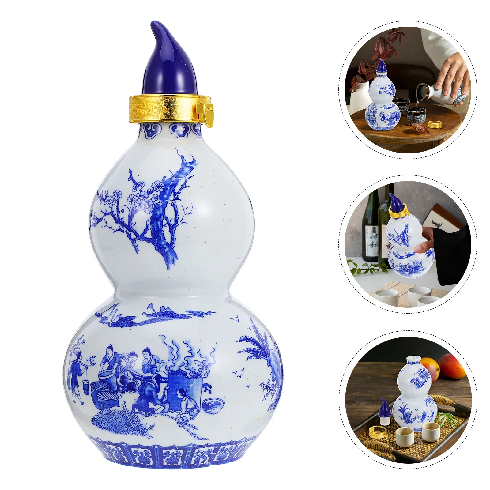 

Traditional Chinese Blue White Porcelain Wine Gourd Handpainted Floral Patterns Sealed Pot Design Generous Capacity
