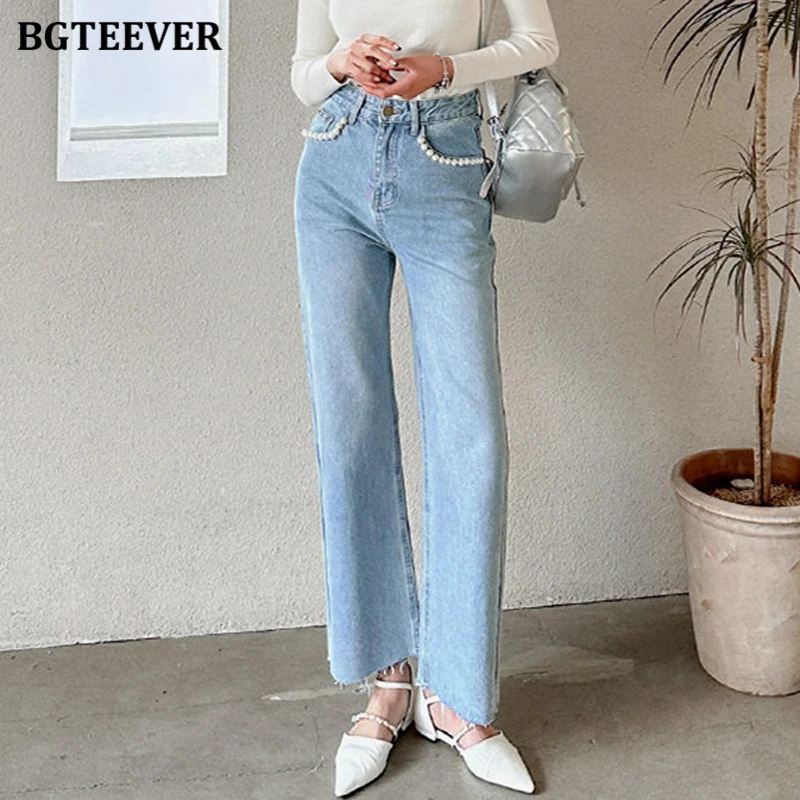 BGTEEVER Casual High Waist Pearl Jeans for Women Spring Summer Loose Button Female Denim Pants