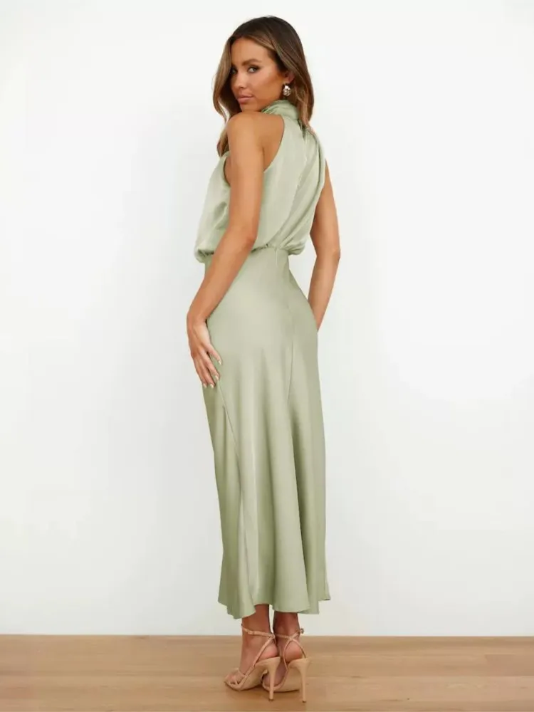 Sexy Off-the-shoulder Halter Sleeveless Satin Dress For Women's New Summer Elegant Cinched-waist Female Banquet Dresses 2025