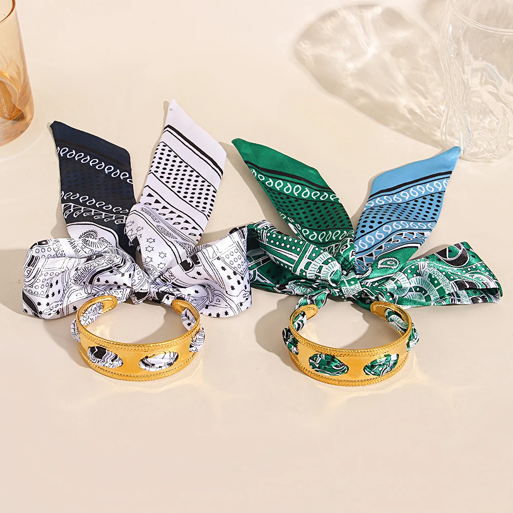 

DODOHAO Elegant Green White Silk Scarf Ribbon Bowknot Bracelet for Women Boho Stainless Steel Open Wide Bangle Jewelry Accessory